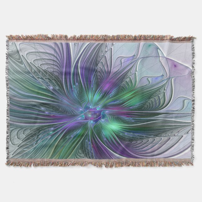 Lila Grön Blomma Modern Abstrakt Konst Fraktal Filt (Framsidan)