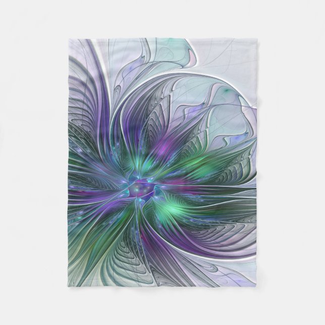 Lila Grön Blomma Modern Abstrakt Konst Fraktal Fleecefilt (Framsidan)