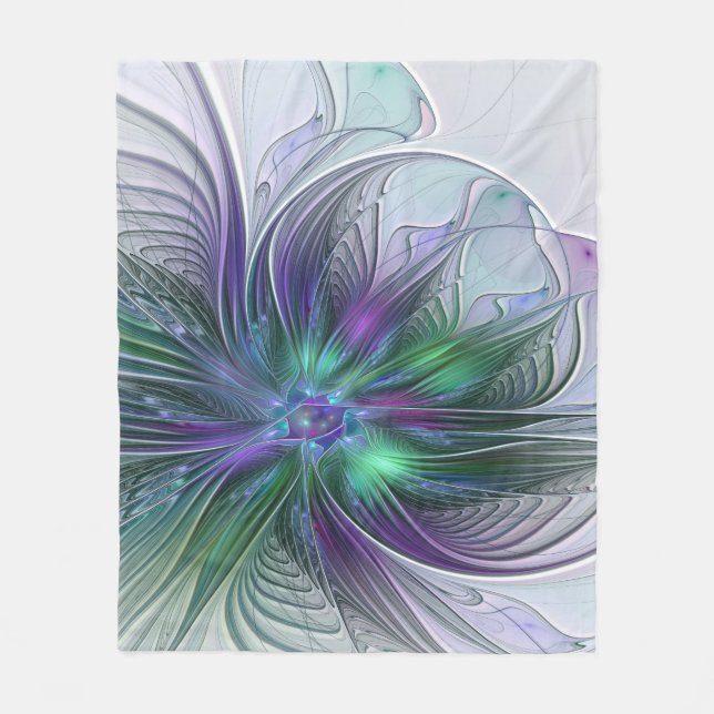 Lila Grön Blomma Modern Abstrakt Konst Fraktal Fleecefilt (Framsidan)