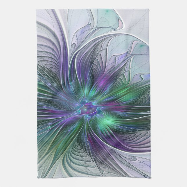 Lila Grön Blomma Modern Abstrakt Konst Fraktal Kökshandduk (Vertikal)