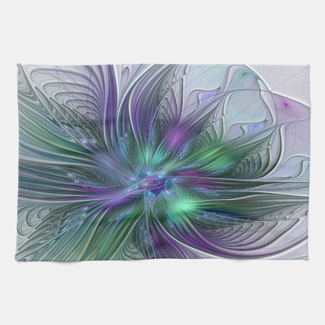 Lila Grön Blomma Modern Abstrakt Konst Fraktal Kökshandduk (Horisontell)
