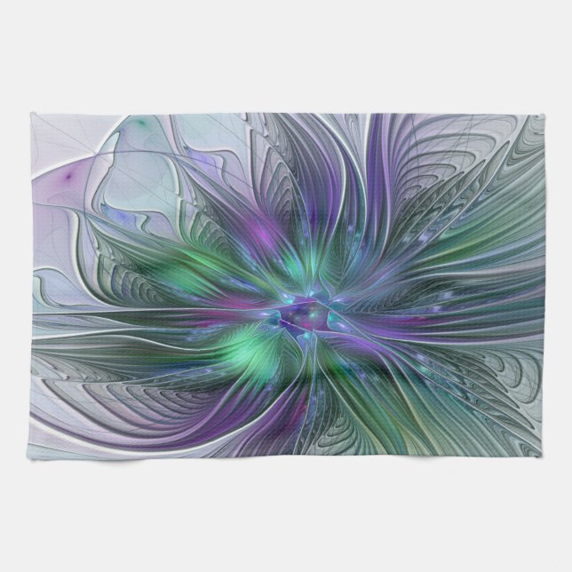 Lila Grön Blomma Modern Abstrakt Konst Fraktal Kökshandduk (Horisontell)
