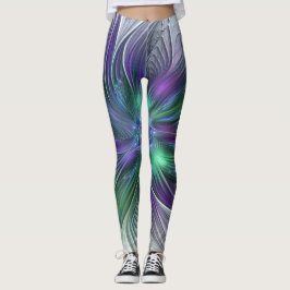 Lila Grön Blomma Modern Abstrakt Konst Fraktal Leggings