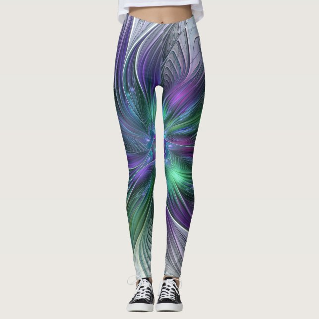 Lila Grön Blomma Modern Abstrakt Konst Fraktal Leggings (Framsida)