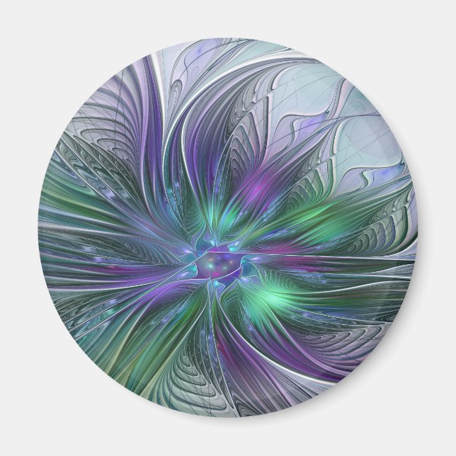 Lila Grön Blomma Modern Abstrakt Konst Fraktal Magnet (Framsidan)