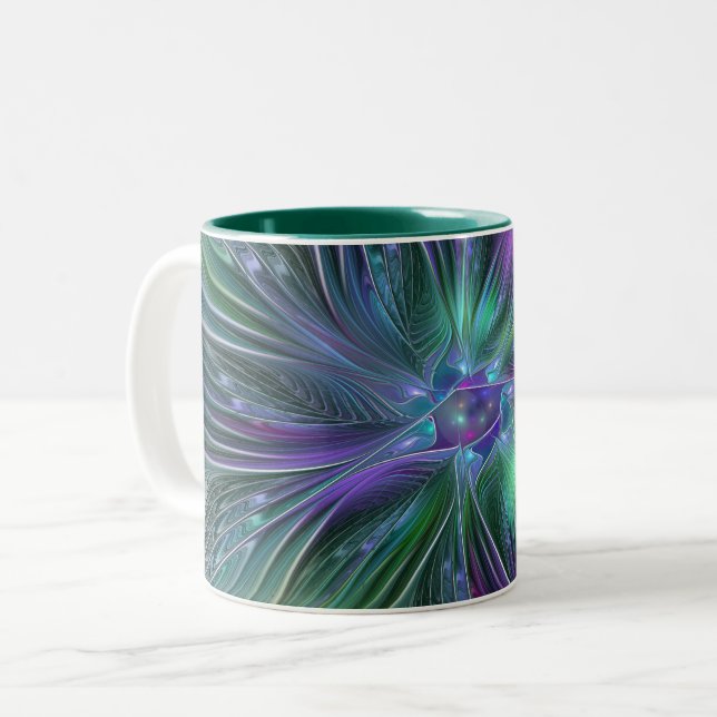 Lila Grön Blomma Modern Abstrakt Konst Fraktal Två-Tonad Mugg (Framsida vänster)