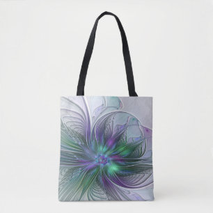 Lila Grön Blomma Modern Abstrakt Konst Fraktal Tygkasse