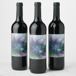 Lila Grön Blomma Modern Abstrakt Konst Fraktal Vinflaska Etikett