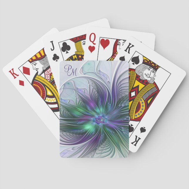 Lila Grön Blomma Modern Abstrakt Konst Monogram Casinokort (Baksidan)