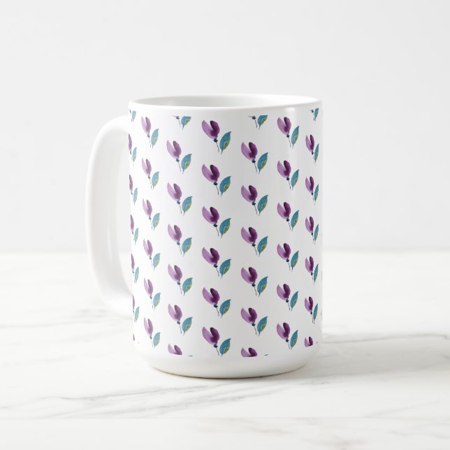 Lila Grön Blommig Akvarell Handmålad Kaffemugg (Framsida vänster)