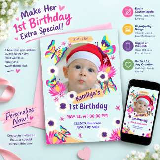 Lila Grön Blommig Fjäril 1-års Födelsedagsfoto Inbjudningar