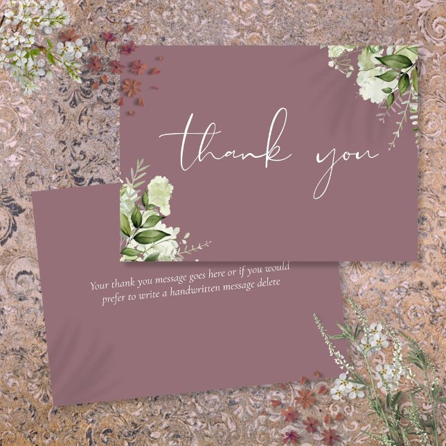 Lila grön flora elegant skript tack kort (Mauve Greenery Floral Elegant Script Thank You Card)