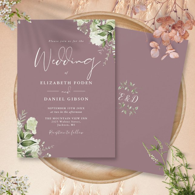Lila grön flora monogram bröllop inbjudningar (Mauve Greenery Floral Monogram Wedding Invitation)