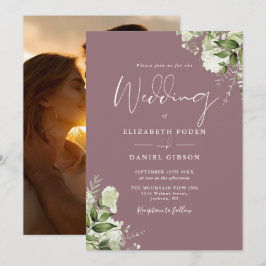 Lila Grön Floral Elegant Foto Bröllop Inbjudningar