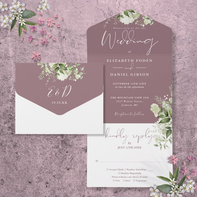 Lila Grön Floral Monogram Bröllop (Mauve Greenery Floral Monogram Wedding All In One Invitation)
