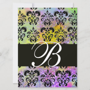 LILA GRÖN GUL SVART DAMASK MONOGRAM , vit Inbjudningar