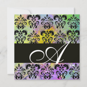 LILA GRÖN GUL SVART DAMASK MONOGRAM , vit Inbjudningar