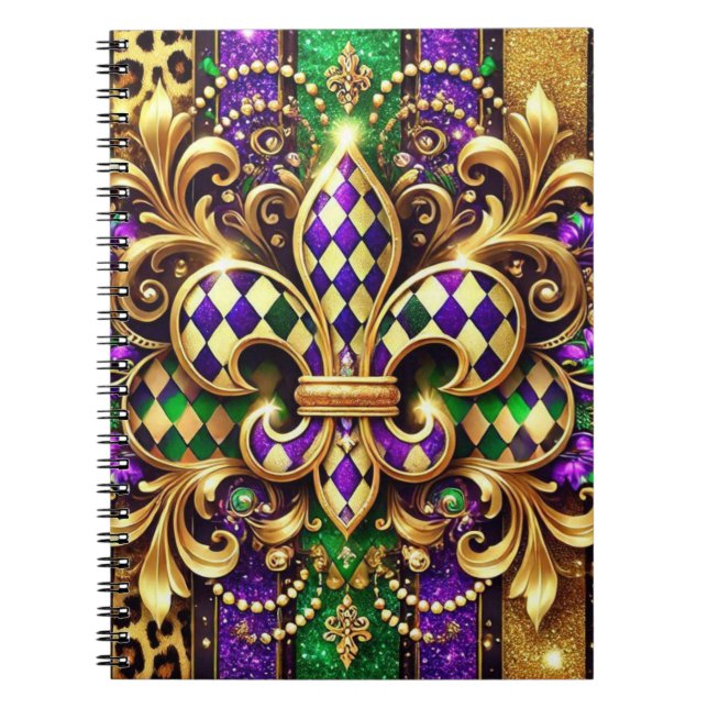 LILA GRÖN GULD MARDI GRAS FLEUR DE LIS ANTECKNINGSBOK (Framsidan)