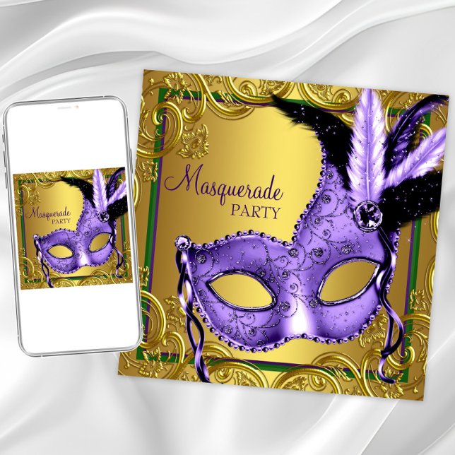 Lila Grön Guld Mardi Gras Maskeradfest Inbjudningar (Any occasion masquerade party invitation. Perfect for Mardi Gras theme prom or party.)