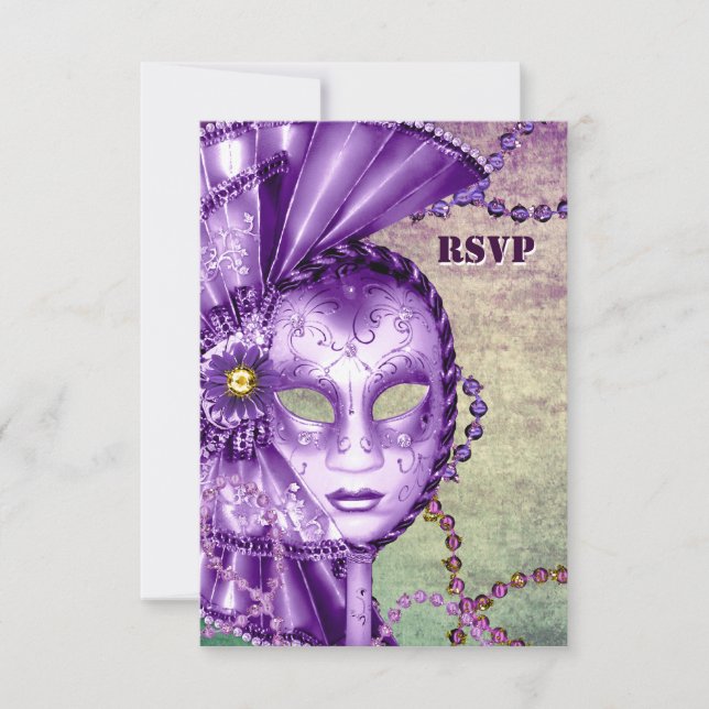 Lila Grön Mardi Gras Pärlor Maskerad RSVP OSA Kort (Framsida)