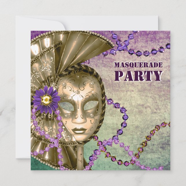 Lila Grön Mardi Gras Pärlor Maskeradfest Inbjudningar (Framsida)