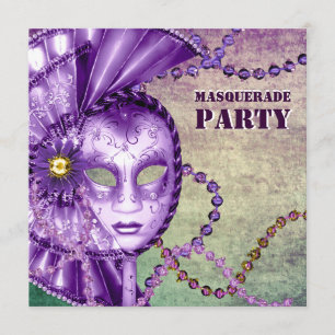 Lila Grön Mardi Gras Pärlor Maskeradfest Inbjudningar