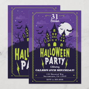 Lila & Grön Spökhus Halloweenfest Inbjudningar