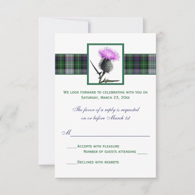 Lila Grön Tartan Tistel Bröllops-svarskort OSA Kort (Framsida)