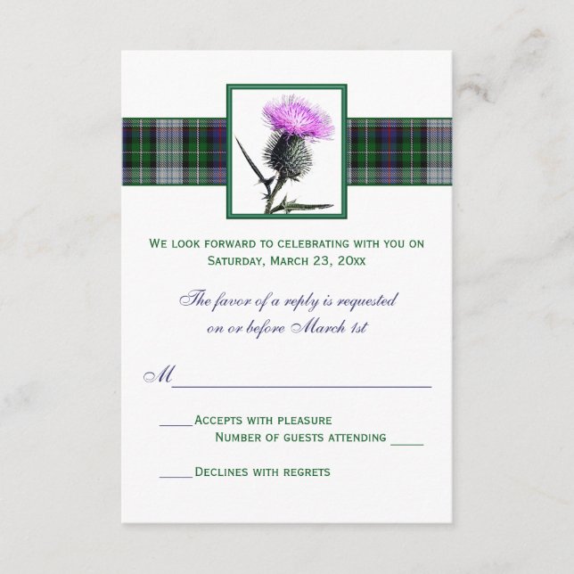 Lila Grön Tartan Tistel Bröllops-svarskort OSA Kort (Framsida)