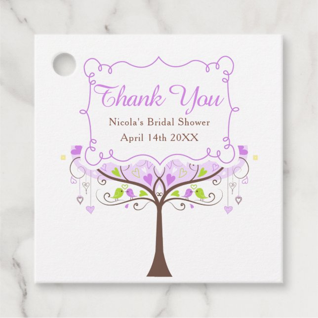 Lila & Gröna Blommiga Fågel Bröllopsdusch Tack Gåvor Etiketter (Framsida)