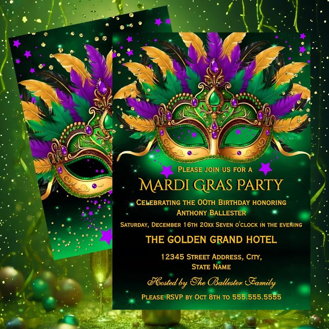 Lila Gröna Guldmasker Mardi Gras Födelsedagsfest Inbjudningar (Skapare uppladdad)