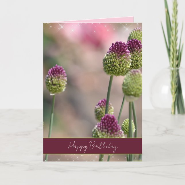 Lila Gröna Klöver Blommor Glittrar Födelsedag  Kort (Framsida)