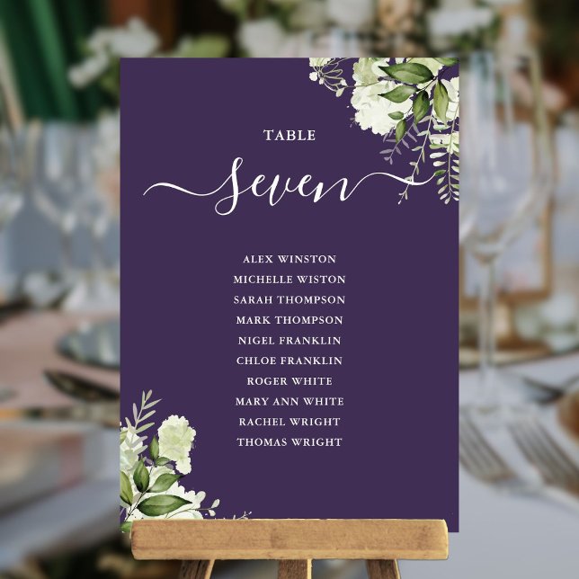 Lila grönska Blommig Placeringsplan Bordnummer Inbjudningar (Purple Greenery Floral Seating Plan Table Number)