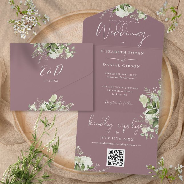 Lila Grönska Blommig QR-kod Monogram Bröllop (Mauve Greenery Floral QR Code Monogram Wedding All In One Invitation)