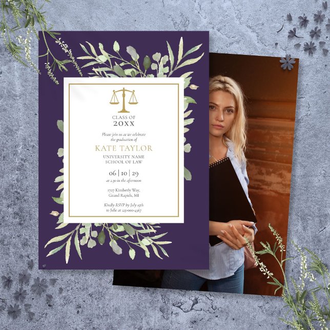 Lila grönska juristexamen foto inbjudningar (Purple Greenery Law School Graduation Photo Invitation)