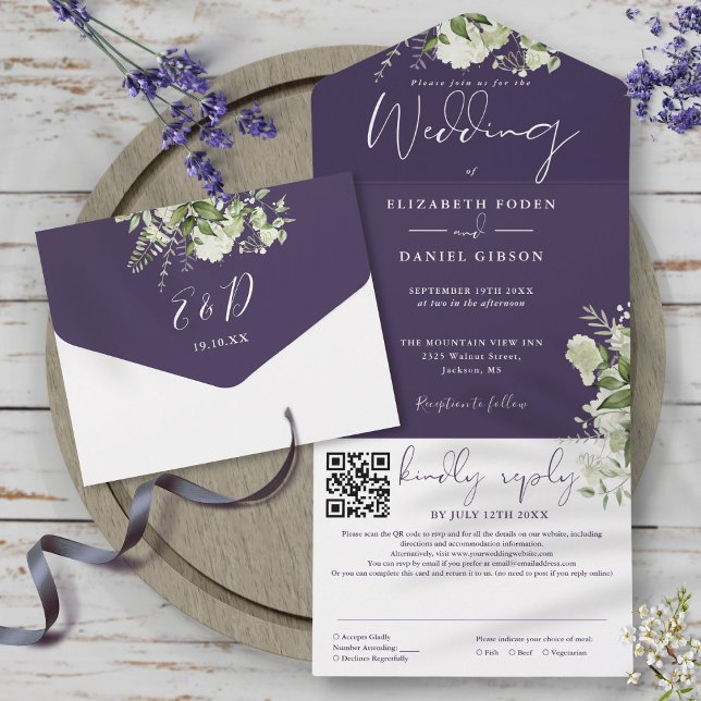 Lila Grönska Monogram QR-kod Bröllop (Purple Greenery Monogram QR Code Wedding All In One Invitation)