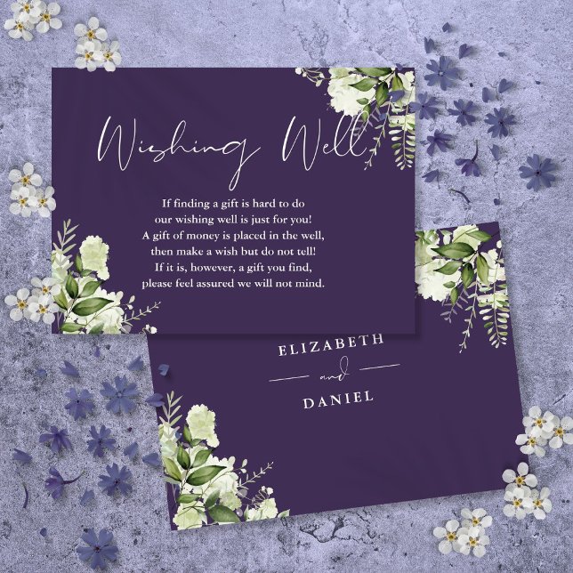 Lila Grönskande Blommig Önskebrunn Bröllop Tilläggskort (Purple Greenery Floral Wishing Well Wedding Enclosure Card)
