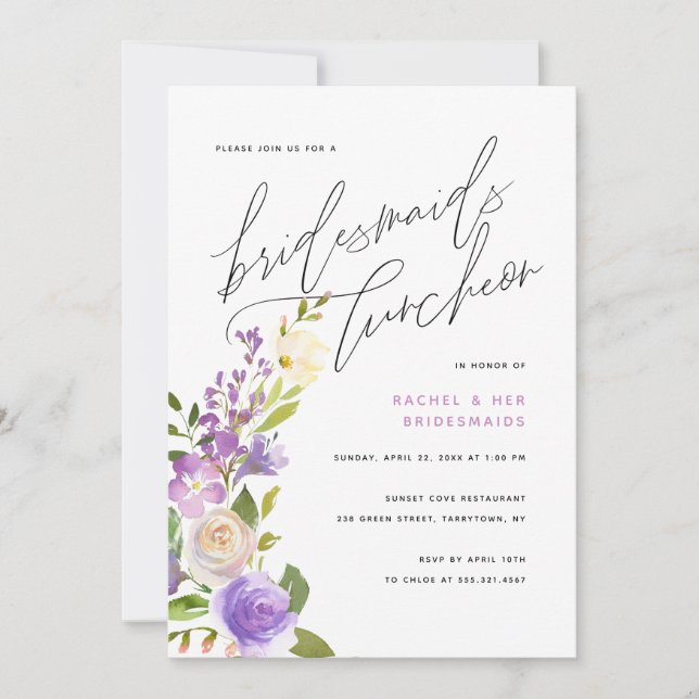 Lila grönskande blomsterbrudtjejlunch inbjudningar (Framsida)