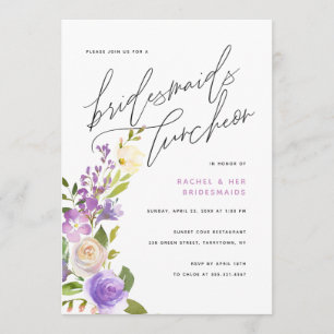 Lila grönskande blomsterbrudtjejlunch inbjudningar