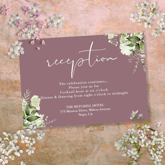 Lila Grönskande Skript Bröllopsmottagning Tilläggskort (Mauve Greenery Script Wedding Reception Enclosure Card)