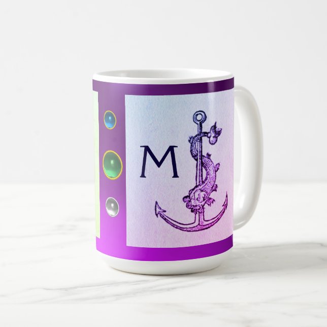 LILA GRÖNT ANTIQUE ANCHOR,FISH NAUTICAL Monogram Kaffemugg (Framsida höger)