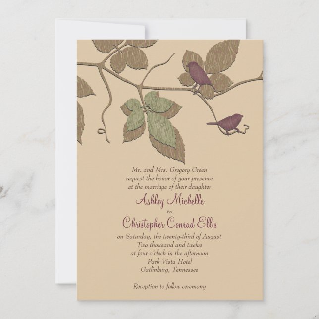 Lila Grönt Birds Löv Fall Wedding bjudande Inbjudningar (Framsida)