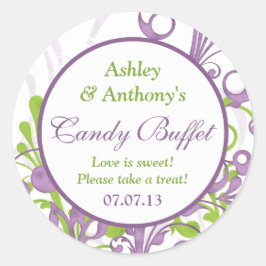 Lila Grönt Blommigt Bröllop Candy Buffet Stickers Runt Klistermärke