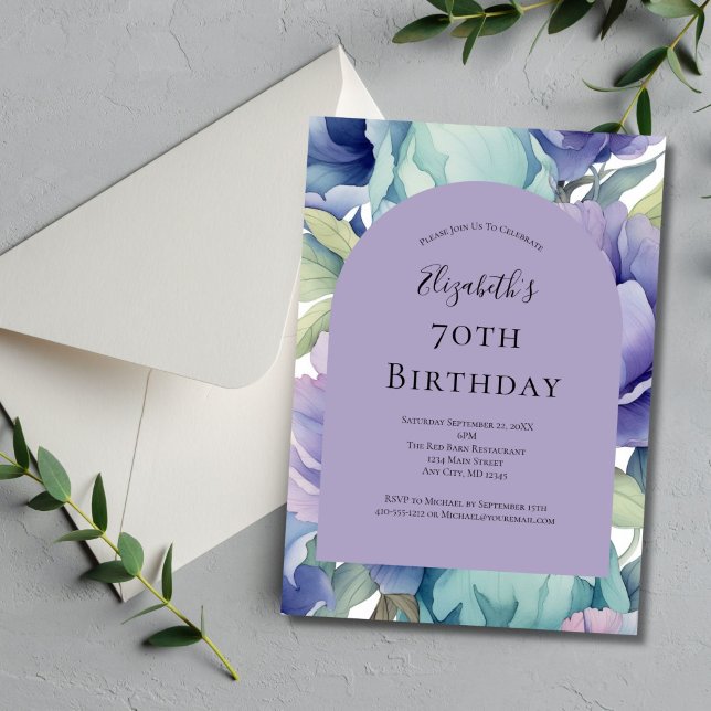 Lila Grönt Blue Blommigt 70:e födelsedagen för hen Inbjudningar (Purple Blue Green Watercolor Floral Arch 70th birthday ( or any year ) invitation. Printed or Digita)