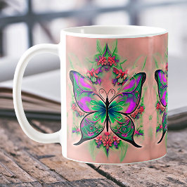 Lila Grönt Butterfly på Rosa Kaffemugg