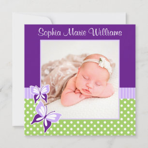 Lila Grönt Butterfly Photo Birth Notice Meddelande