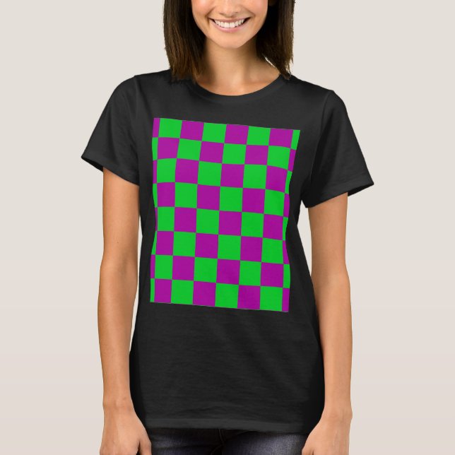 Lila Grönt Checkat Mönster T Shirt (Framsida)