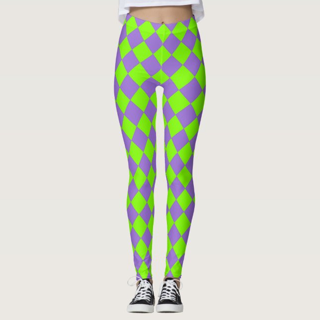 Lila Grönt Checker Diamond Mönster Leggings (Framsida)