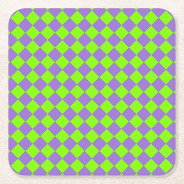 Lila Grönt Checker Diamond Mönster Underlägg Papper Kvadrat (Framsidan)