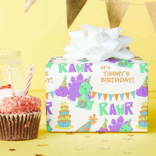 Lila Grönt Dinosaur Party Barns födelsedag Presentpapper (Födelsedagsfest)